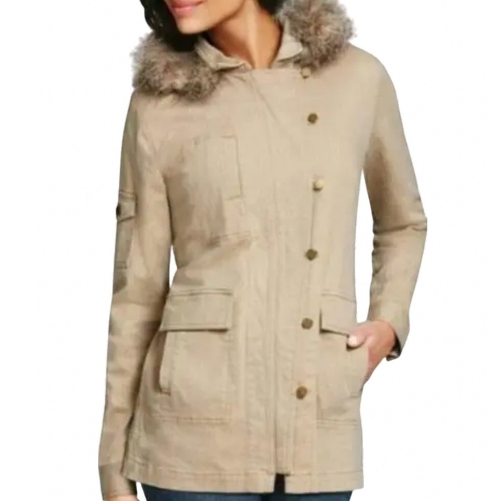 Cabi Nanook Khaki Faux Fur Hooded Utility Jacket Tan Style 110 Medium